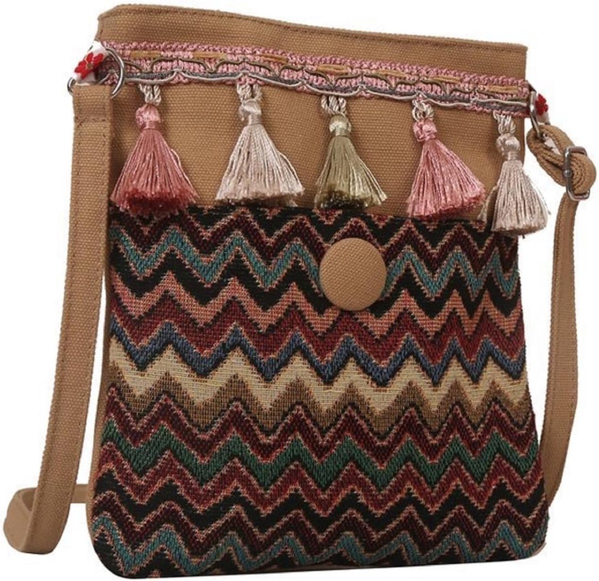 Women's Tassel Crossbody Bags Boho Ethnic Shoulder Bag Vintage Canvas Shoulder Bag Bucket Bag Crossbody Bag for Women - ShopVlot