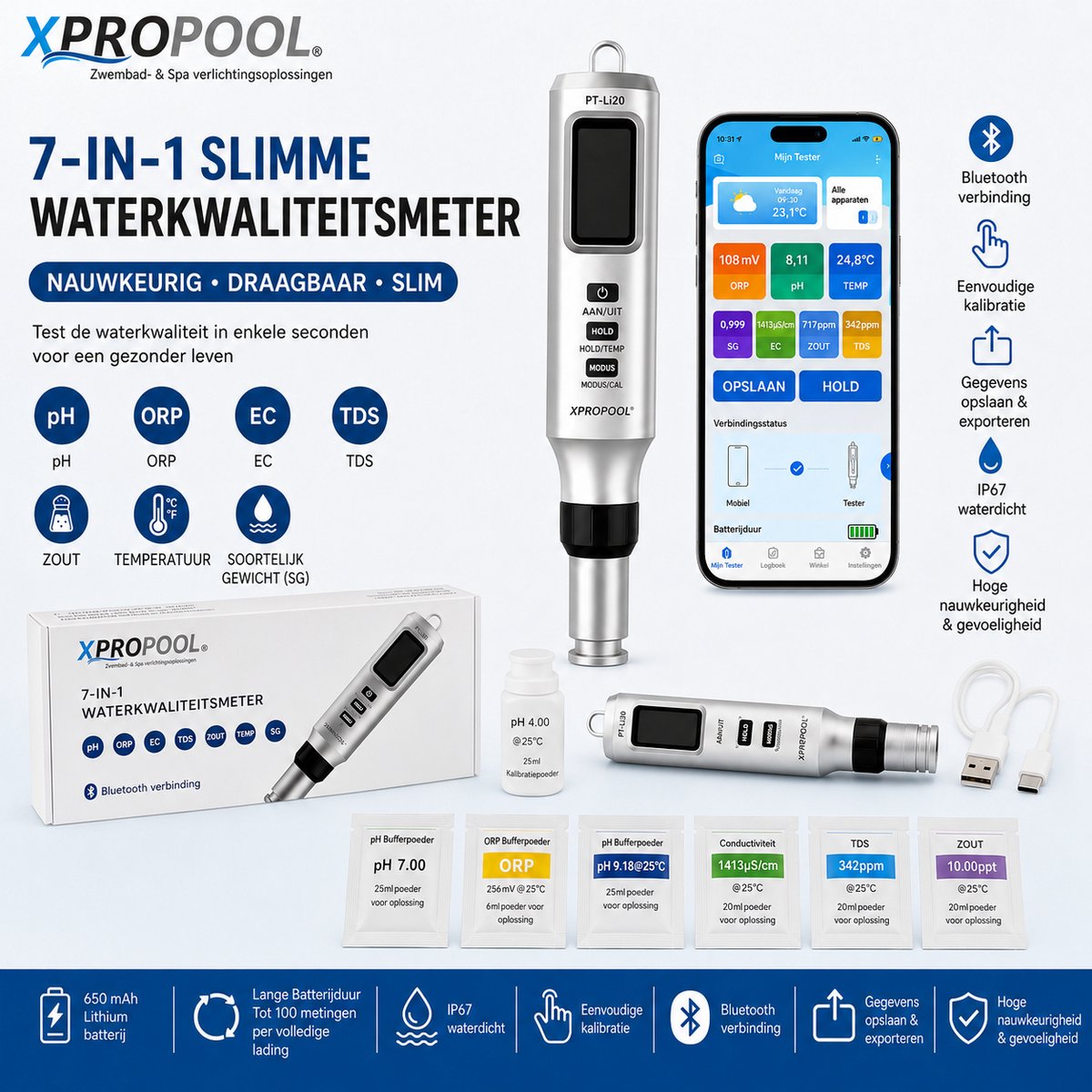 XPRO POOL | 7-in-1 waterkwaliteitsmeter voor zwembaden, spa's en jacuzzi's