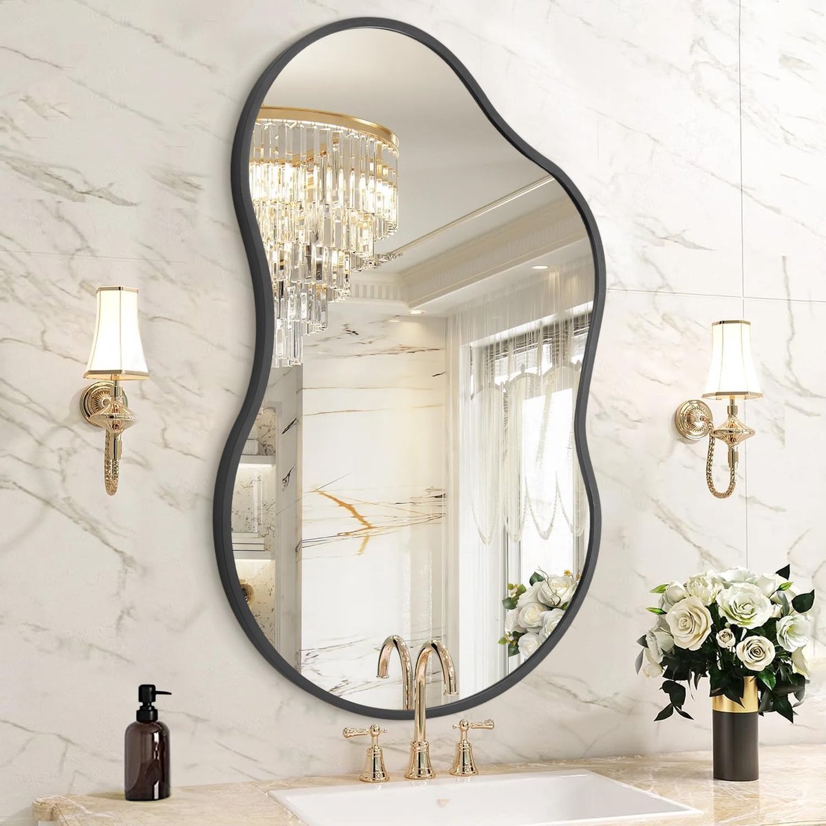 Black Metal Framed Bathroom Irregular Mirror for Wall, 40x65cm Asymmetric Mirror, Vanity Farmhouse, Anti-rust - ShopVlot
