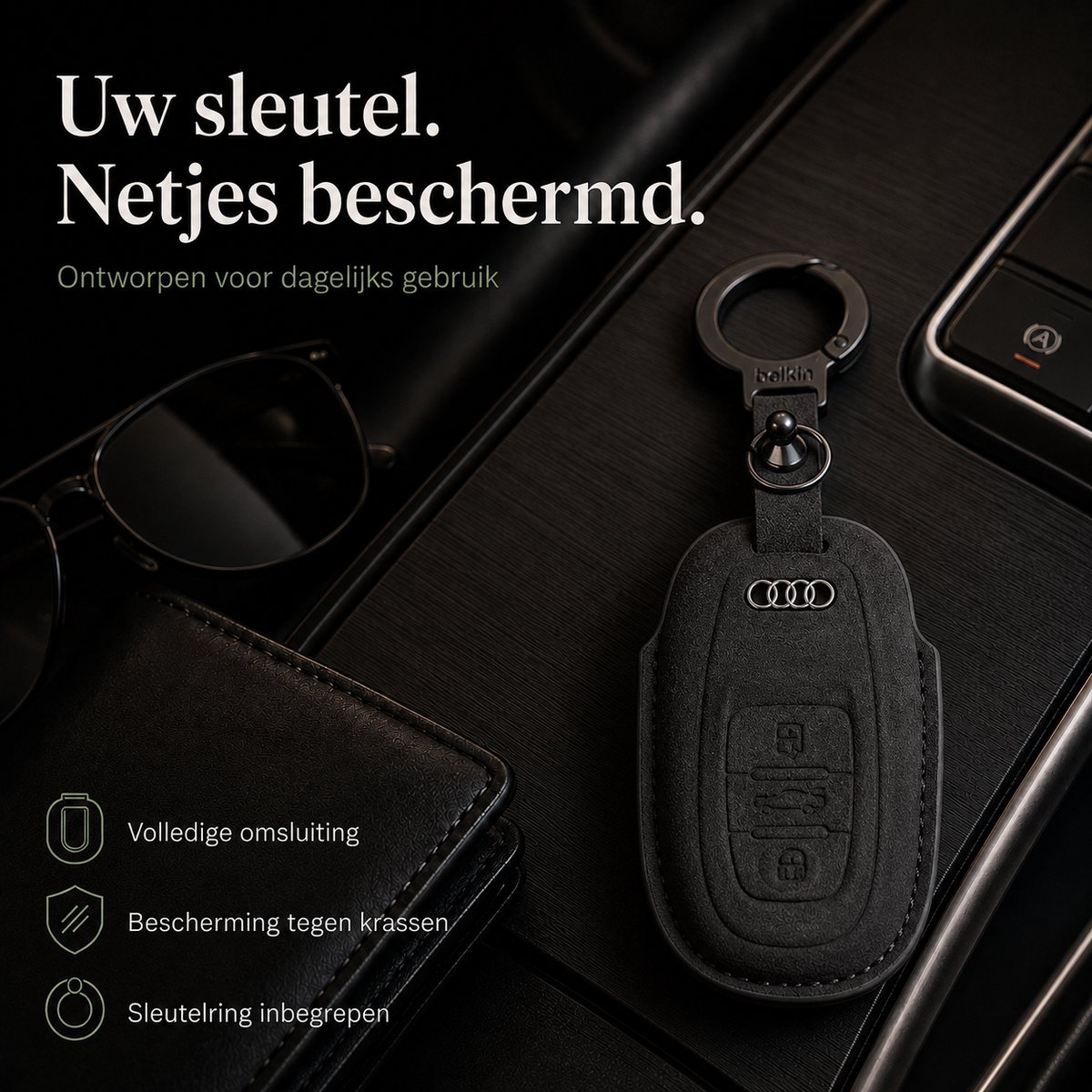 Zirkle Audi Autosleutel Hoesje Type B Zwart – Luxe Leren Sleutelcover met Metalen Sleutelring en Hanger – Beschermhoes voor Audi Autosleutel – 3D Key Case – Krasbestendig Sleutelhoesje Auto Accessoire Premium