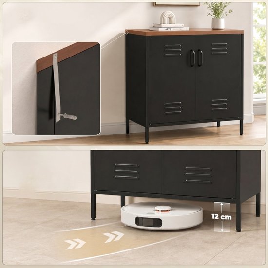 Zwarte kast met houten blad, dubbele deuren en ventilatieroosters, gefotografeerd met demonstratie van een robotstofzuiger.