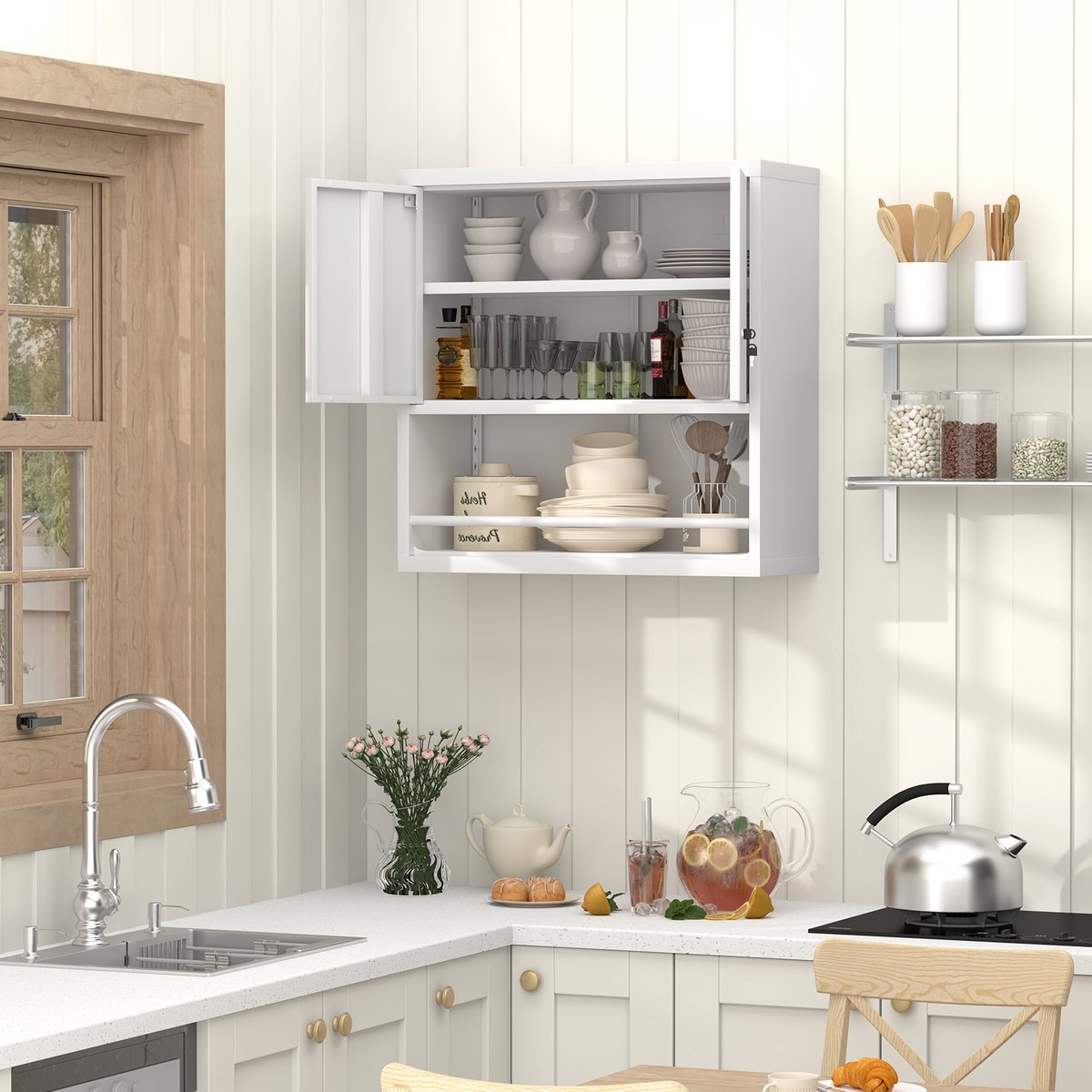 DESMIU Wandkast - Verstelbare Planken En Afsluitbare Deuren - Voor Keuken Woonkamer Eetkamer En Kantoor - Metaal - Wit - 76x31x78 Cm