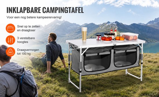Bruinsma INEX Picknicktafel - Campingtafel Inklapbaar - Campingkeuken - 3 Hoogtes - Opbergruimte - 120Lx47Bx54.5/62/70H CM - Wit — afbeelding 4
