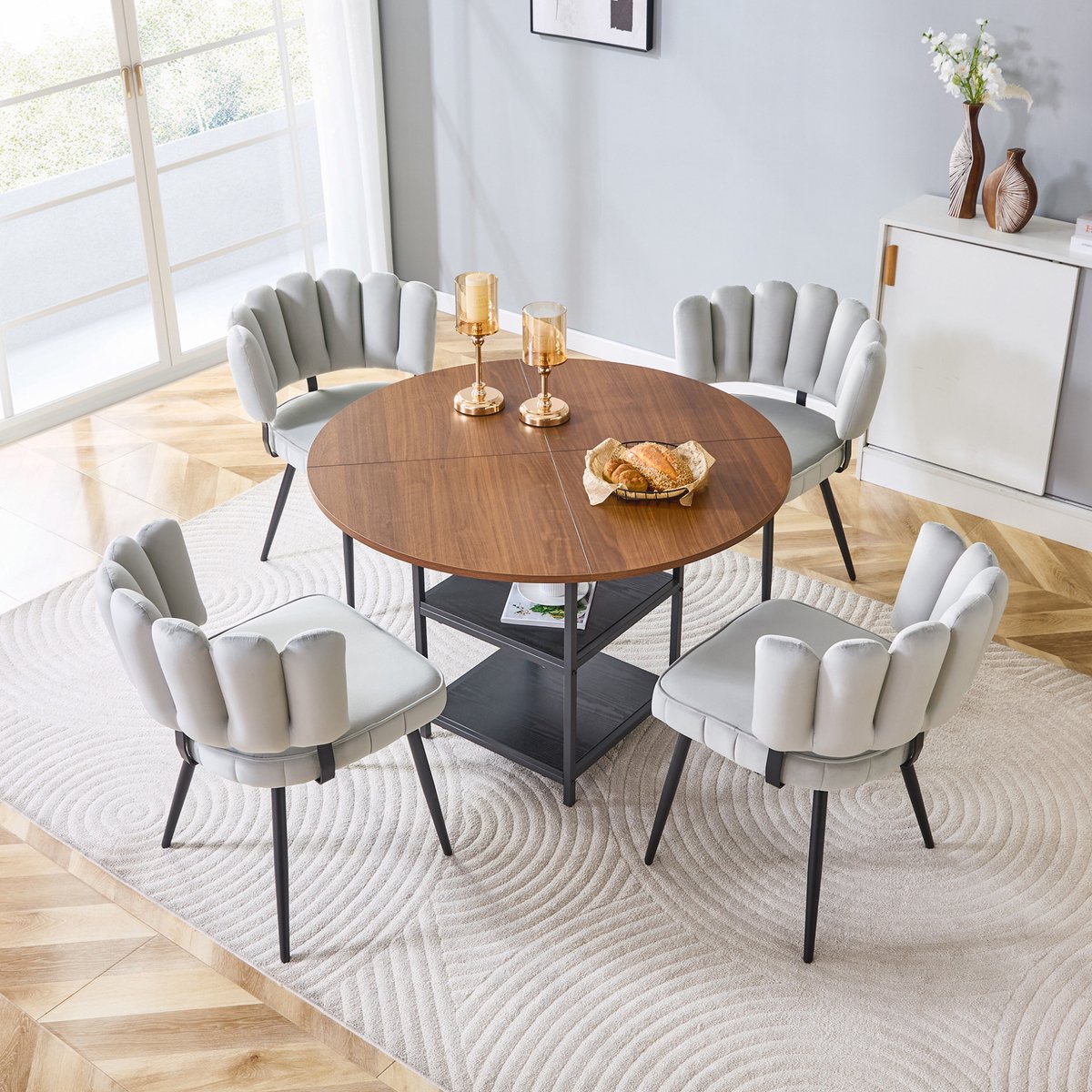 COVREO Eetkamerset 107 cm rond, walnootlook en lichtgrijs, hout en metaal