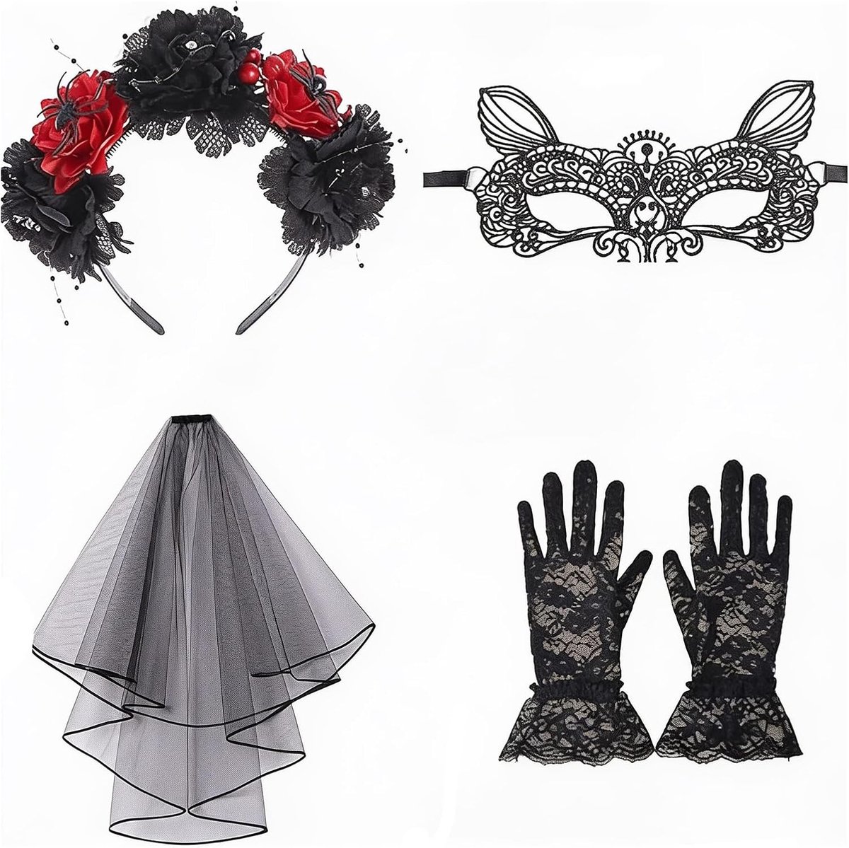 Halloween kostuumset - accessoires voor feest - hoofdband, sluier, ketting, masker en handschoenen - ShopVlot