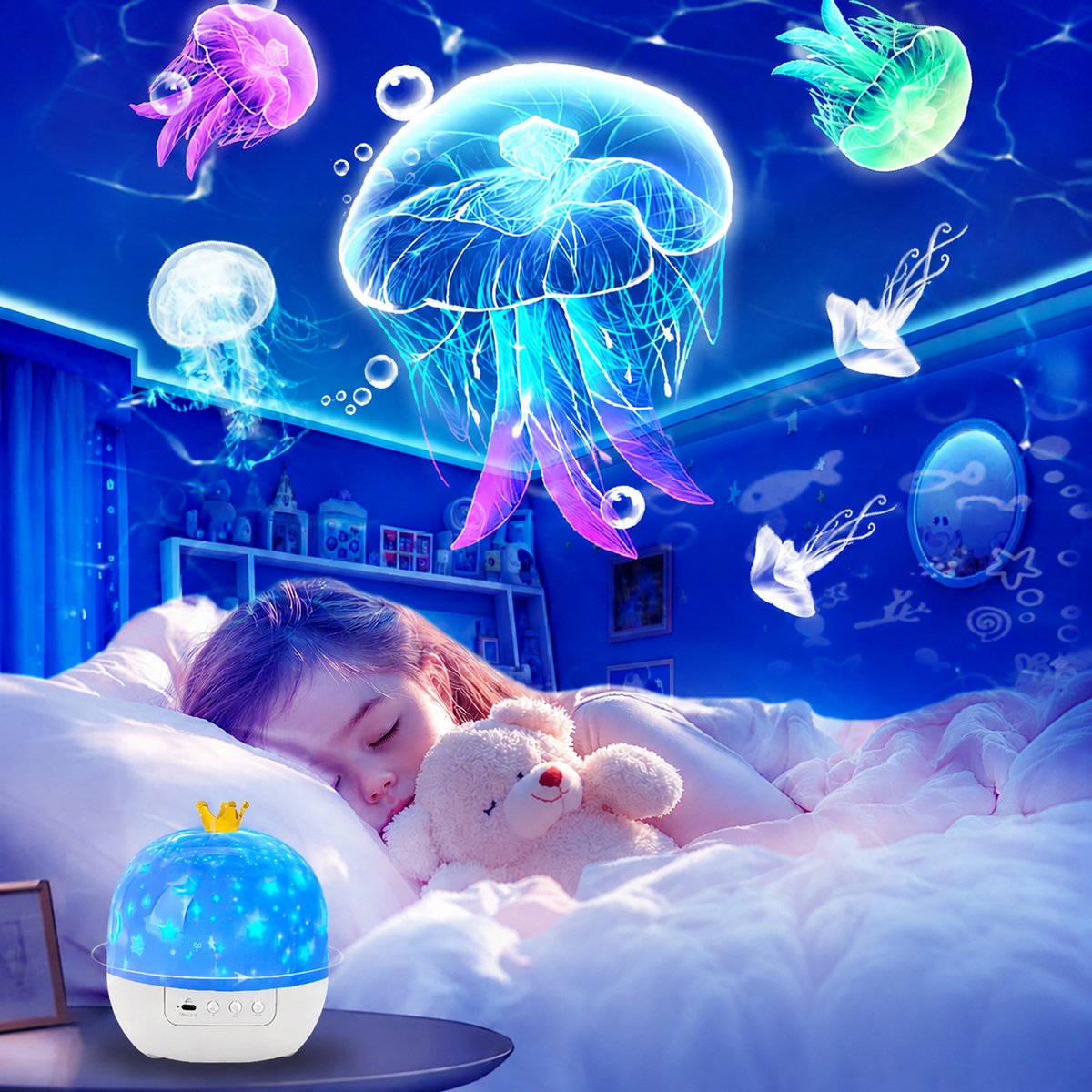 Sterrenhemel-projectielamp met 21 patronen – Nachtlampje met projectie voor de kinderkamer – Projector met oceaanthema – Plafondprojector – 360° rotatie – Ideaal voor feestdecoratie, verjaardagen en kindercadeaus – Wit