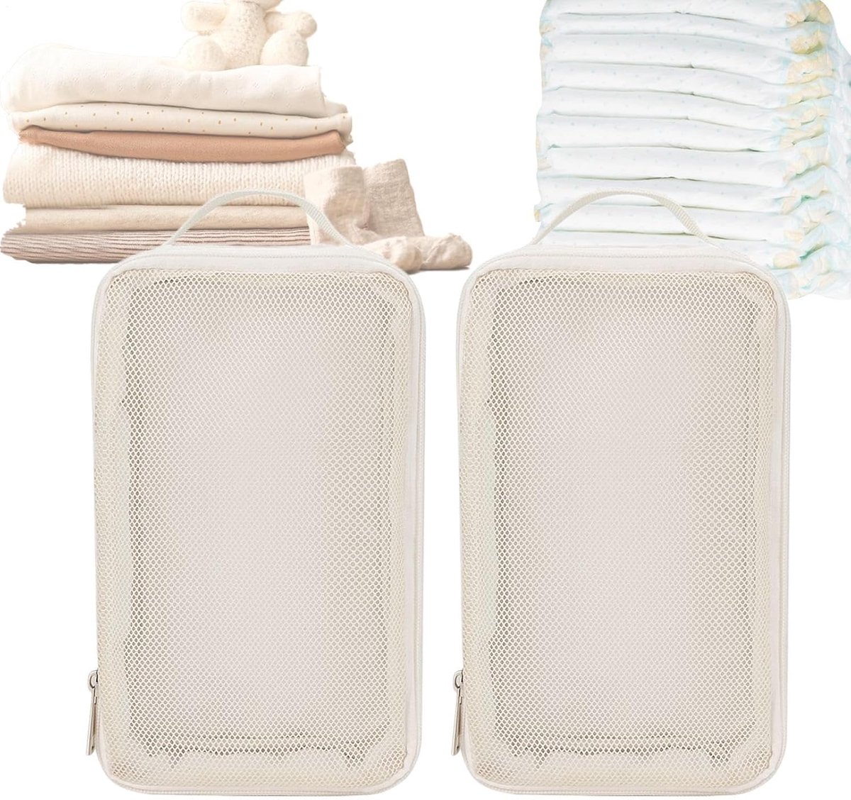 Set van 2 Stuks Crèmekleurig Gaas Opbergtassen met Rits en Handgreep | Transparante Ventilerende Zakken voor Luiers, Babykleding en Verzorgingsspullen tijdens Reizen en Uitjes