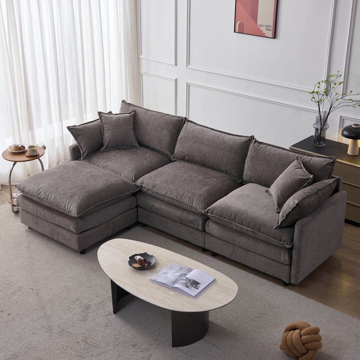 DESMIU Hoekbank 3-Zits - Modulaire L-Vorm Met Verplaatsbare Hocker - Voor Woonkamer En Kleine Woning - Chenille - Grijs