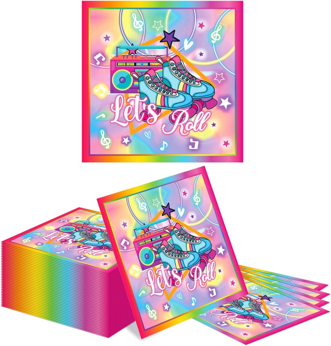 Papieren Servetten 40 Stuks - Retro Neon Ontwerp - Inline Skates en Ghettoblaster - Perfect voor Feesten - ShopVlot