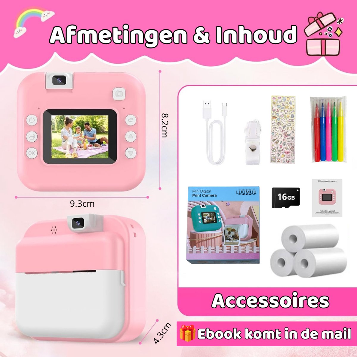 Luumuu® Digitale Kindercamera Met Foto Printer - Fototoestel Voor Kinderen - Kinder Fotocamera Instant Print- Speelgoed Video Camera Kind - Vlogcamera Kids - Sd Kaart 16GB - Roze - Incl. Ebook — afbeelding 8