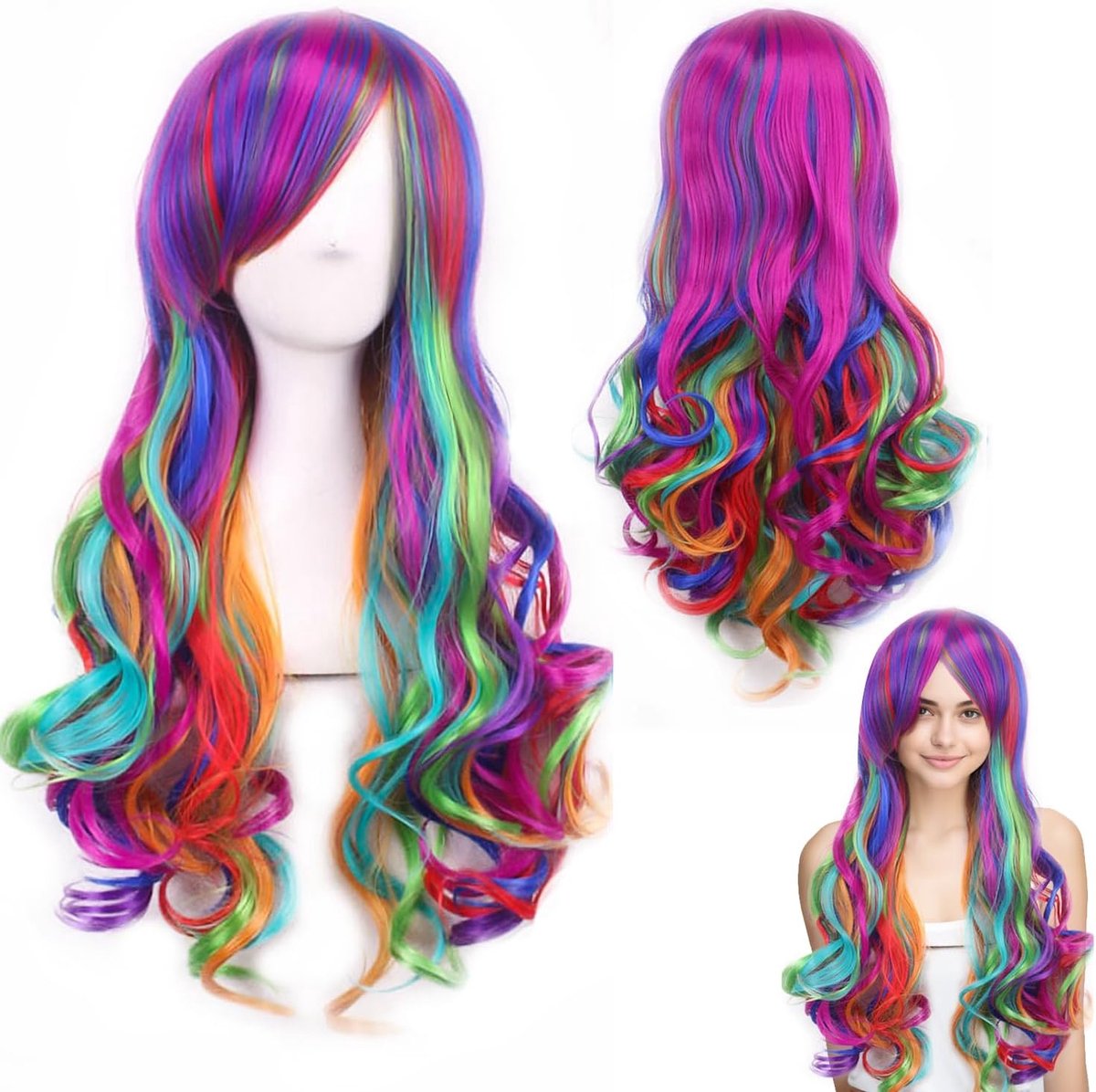 Regenboogpruik dames - lang, krullend - synthetisch materiaal - ideaal voor cosplay - ShopVlot
