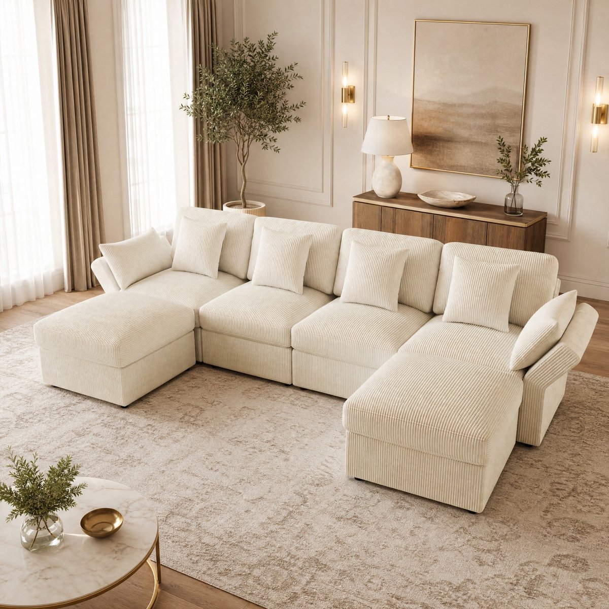 DESMIU U Bank 290 Cm - Modulair U Vormig Hoekbank Met Verstelbare Armleuningen En Hocker - Voor Woonkamer En Slaapkamer - Corduroy - Beige