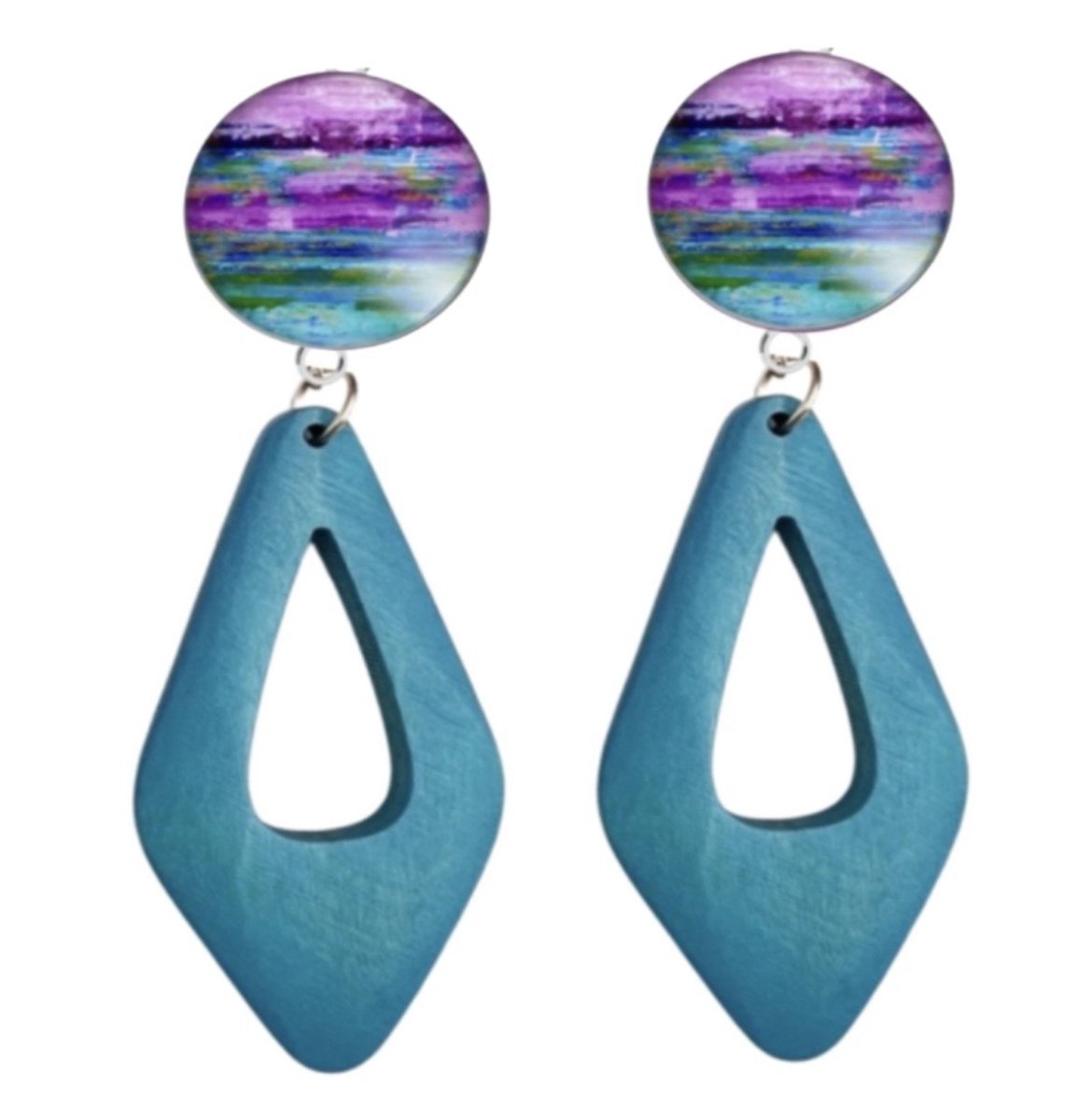 Clip oorbellen Vendy Hout Turquoise 8 cm- geen gaatje- Charme Bijoux