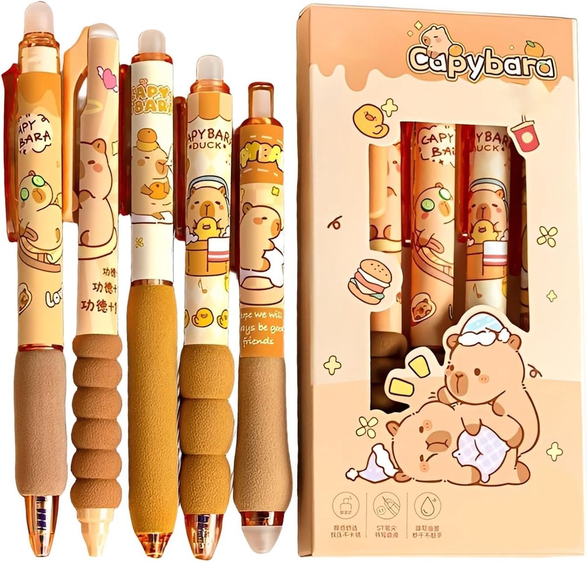 Uitwisbare balpen 5 stuks - schattige capybara - fijne punt - plezier voor kinderen - ShopVlot