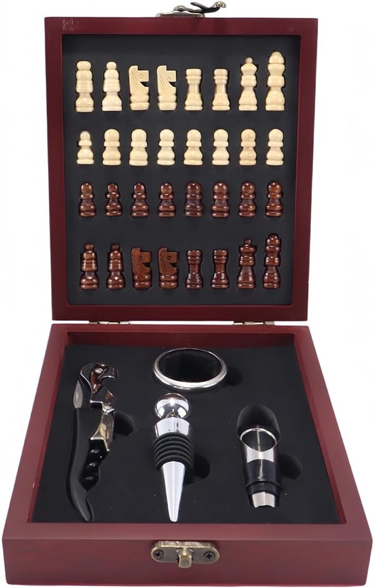Flesopener en schaakspel - hout en roestvrij staal - 2-in-1 set - ideaal voor gezellige avonden - ShopVlot