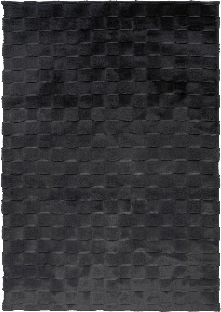 Padiro laagpolig vloerkleed 80 x 150 cm - grafiet - geometrisch ruit- en blokpatroon - geschikt voor vloerverwarming - van polyester