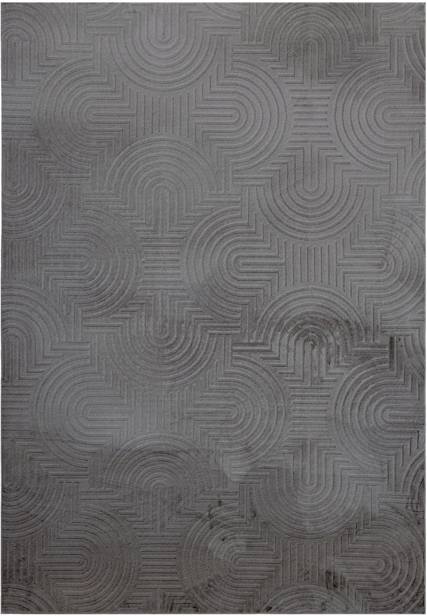 Padiro laagpolig japandi vloerkleed 80 x 150 cm - antraciet - modern geometrisch design - met reliëf - voor binnen en buiten - van polyester en katoen