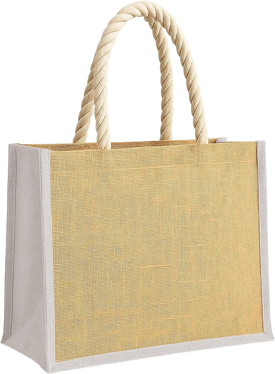 Jute tas groot 20 liter - natuurlijke jute strandtas - met kleurrijke inzetstukken - perfect voor dagjes uit - ShopVlot