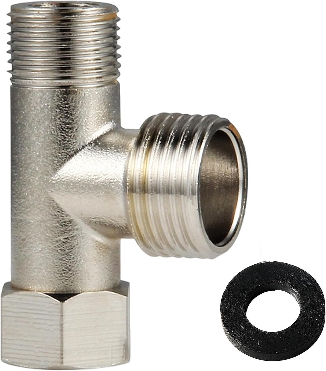 3-weg ventiel T-stuk wateraansluiting 3/8 inch naar 1/2 inch - messing T-adapter - met sluitring - ShopVlot
