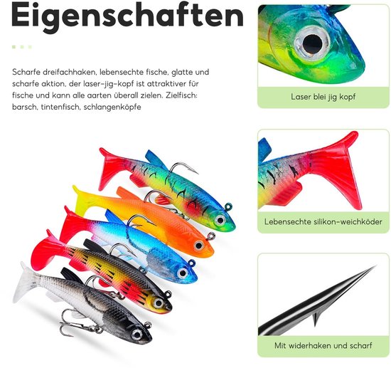 Complete Set van 10 Stuks Rubber Vissen Lures en Jigkoppen voor Zoet- en Zoutwatervisserij, Perfect als Cadeau voor Snoek en Tilapia — afbeelding 3