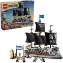 LEGO One Piece Garp's Marine Battleship met zwarte zeilen, 'Garp's Marine Battleship' en 'Marine Victory Day' borden.