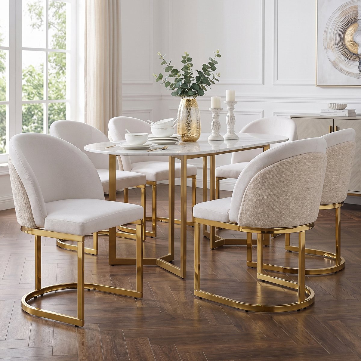 FloraGrace Eetkamerstoel – Luxe Dubbele Rugleuning – Set Van 6 – Chenille – Modern – Beige En Goud – Met Armleuningen