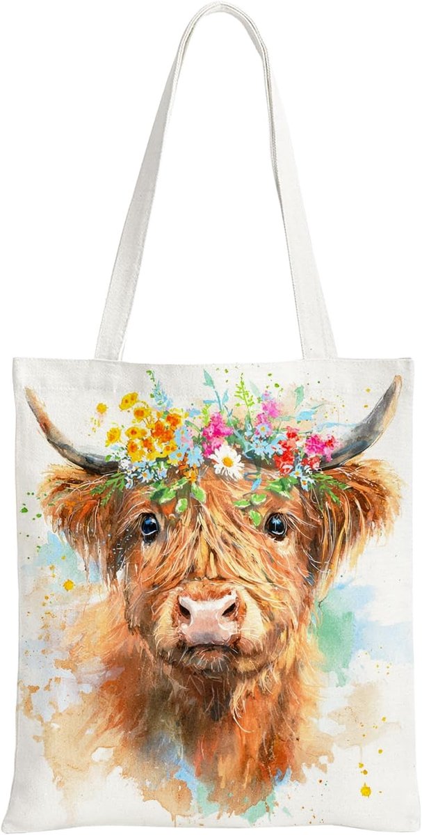 Tote bag canvas 40 x 35 cm - dubbelzijdig bedrukt - schotse hooglander print - herbruikbare tas - ShopVlot
