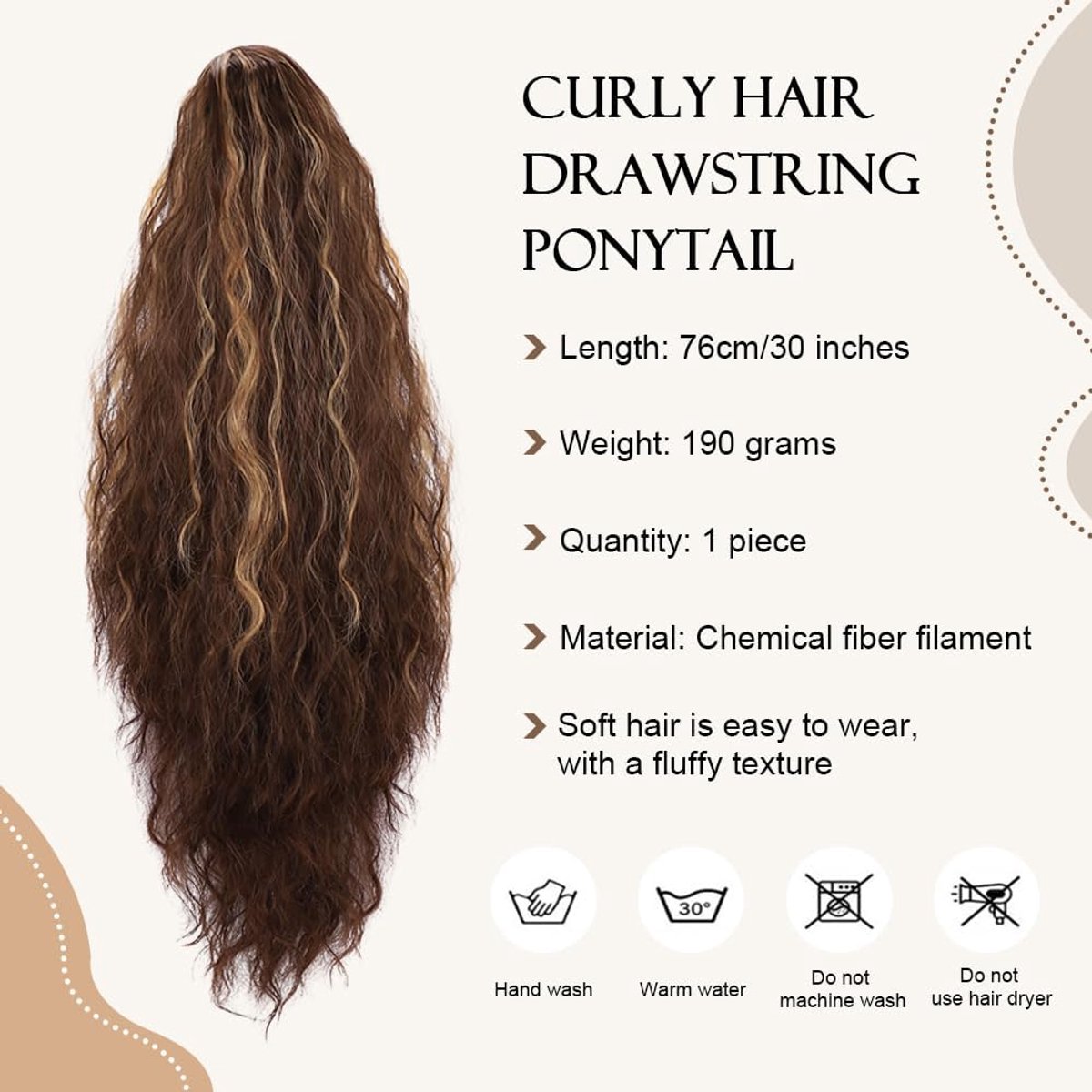 Ponytail Extension 76 cm - Krullend Haarstuk - Verstelbare Drawstring - Volumineuze Ponytail - ShopVlot