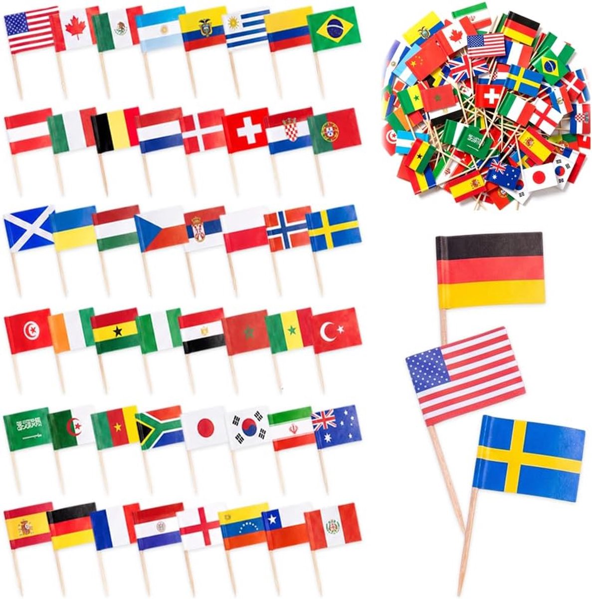 Tandenstokers met landenvlaggen 200 stuks - Houten en papier - Decoratief voor cocktails - Feestelijke snacks - ShopVlot
