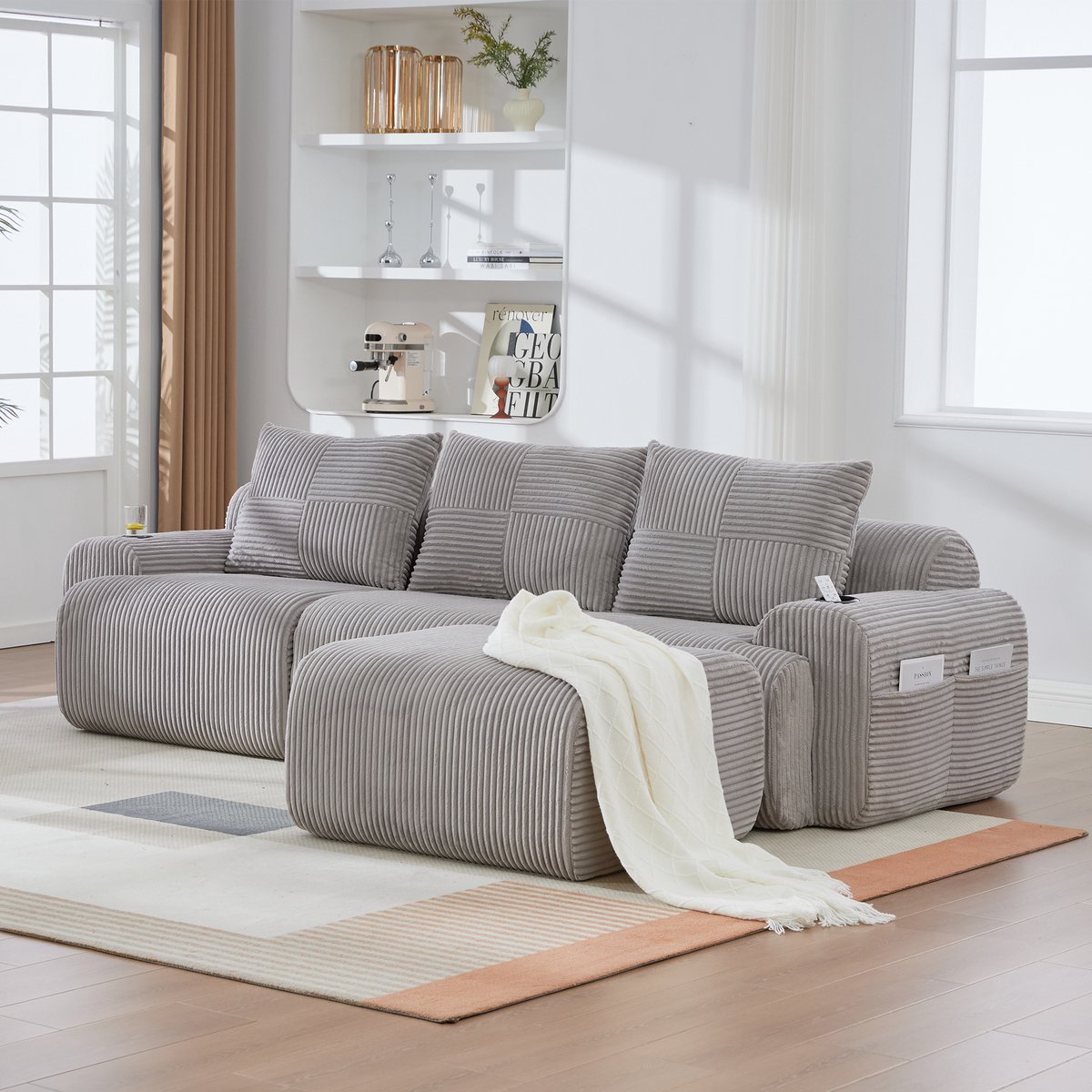 DESMIU Bank - Modulaire 3-Zits Set - Met Bekerhouder En Opbergzak - Voor Woonkamer En Familieruimte - Corduroy - Lichtgrijs