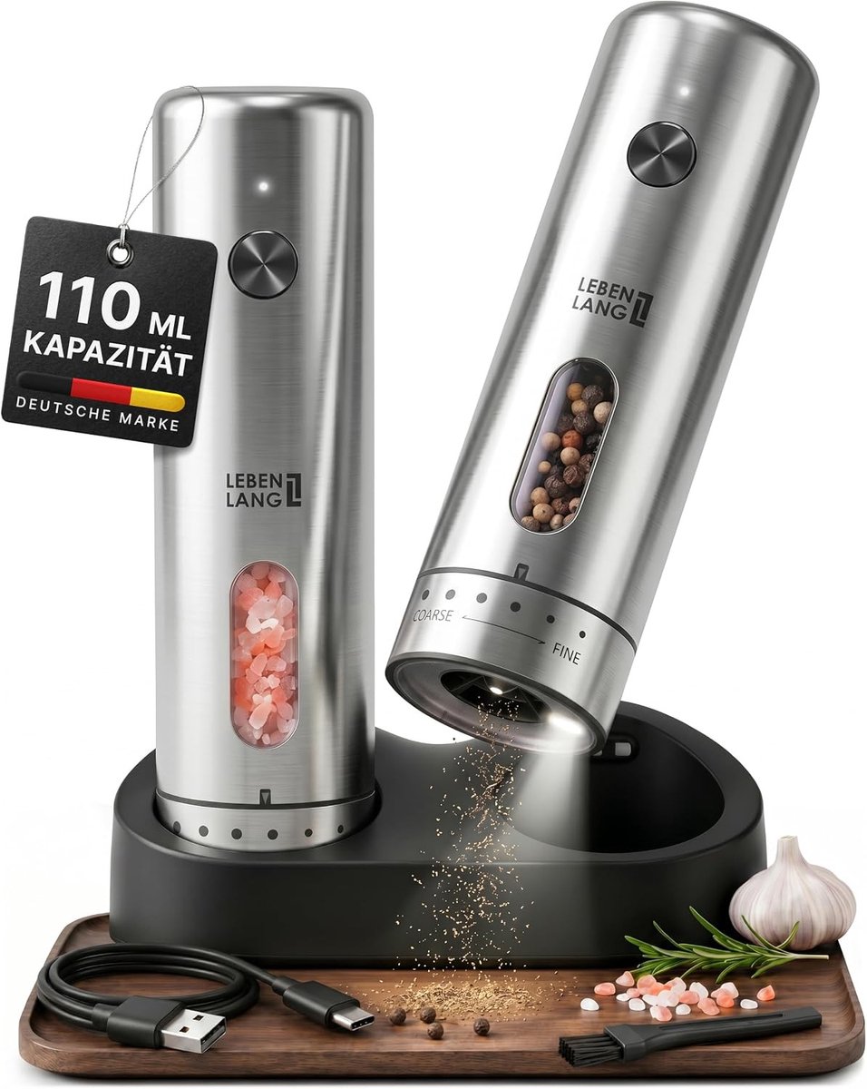 Peper en Zoutmolen Set 2-delig - Roestvrij staal - 110ml Reservoir - Oplaadbare Elektrische Molen met 6 Maalstanden - Voor Koks en Grillfans