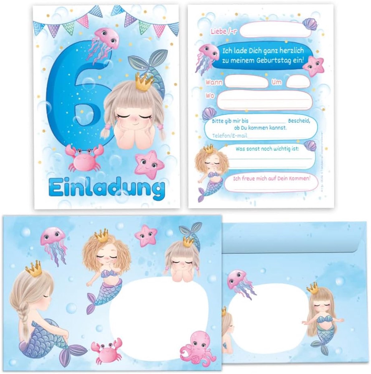 Uitnodigingen voor 6e verjaardag - 12 kaarten incl. enveloppen - Zeemeermin thema - Perfect voor meisjes - ShopVlot