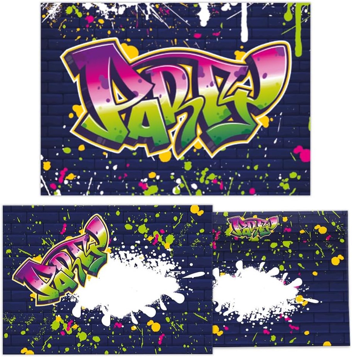 Uitnodigingskaarten set - 12 kleurrijke kaarten met enveloppen - moderne graffiti stijl - perfect voor kinderfeestje - ShopVlot