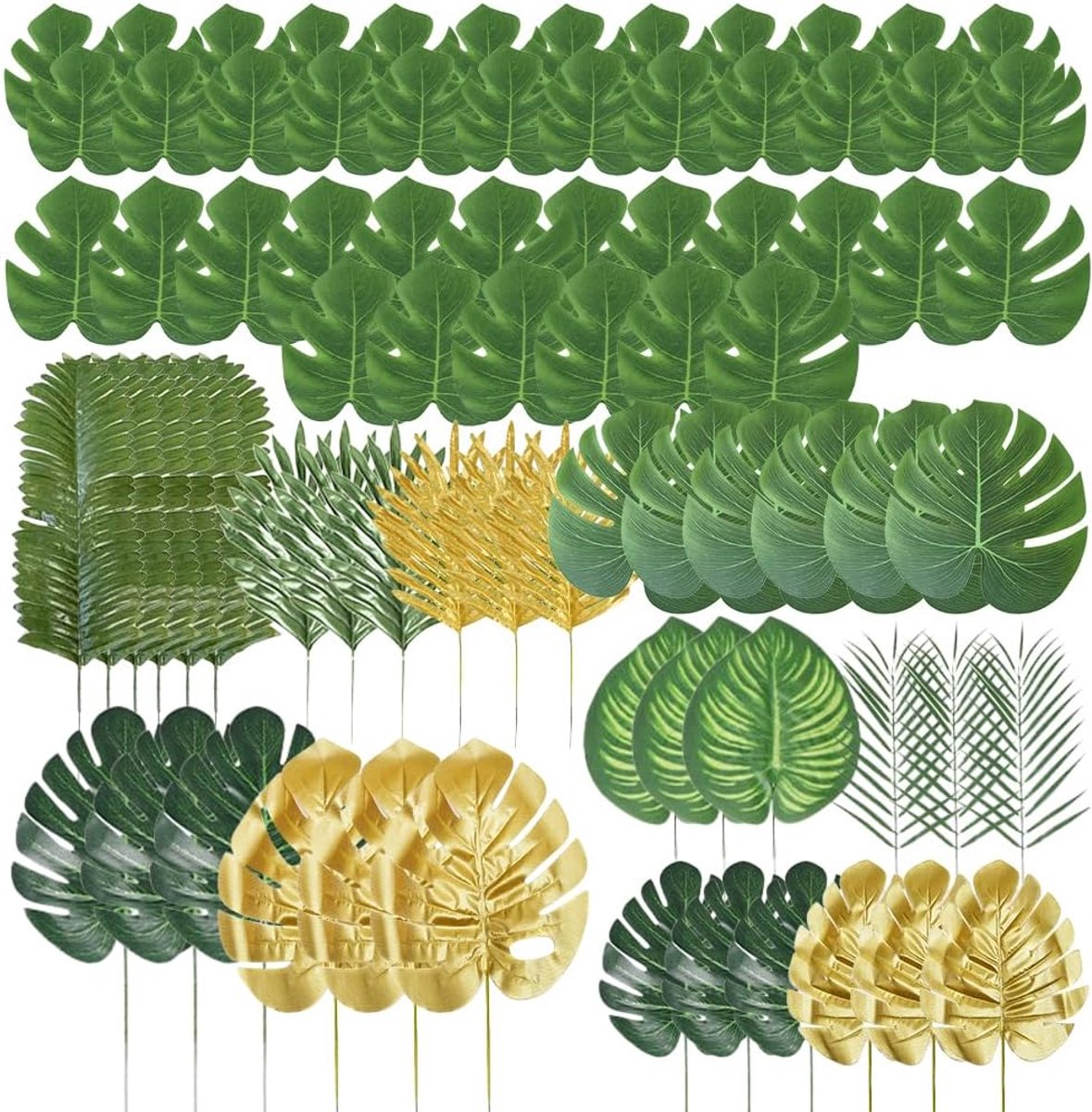 Artificial Palm Leaves Set 78 Stuks - 12 Soorten Tropische Bladeren - Groen-Gouden Kunststof - ShopVlot