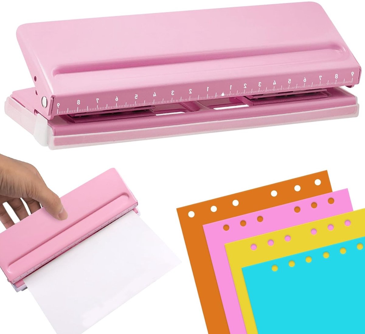 Verstelbare Metalen Perforator - Roze - 195 x 64 x 56 mm - 6-Gaten Perforator met Positioneringsmarkering - Voor Documenten en Planners