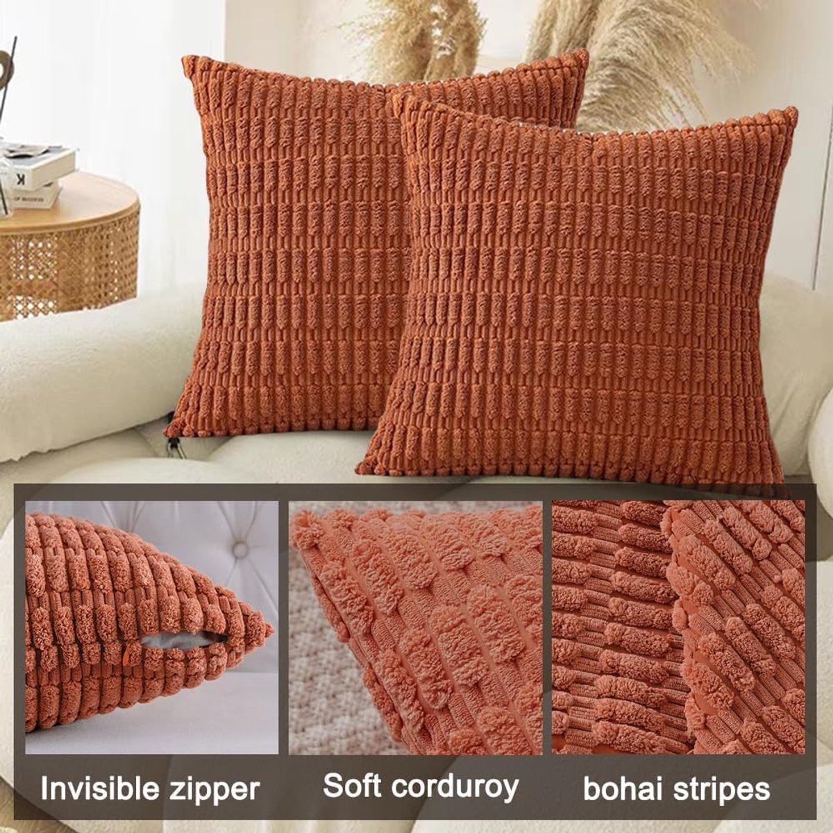Decoratieve kussenhoezen 45 x 45 cm - corduroy lichtbruin - verborgen ritssluiting - perfect voor woonkamer - ShopVlot