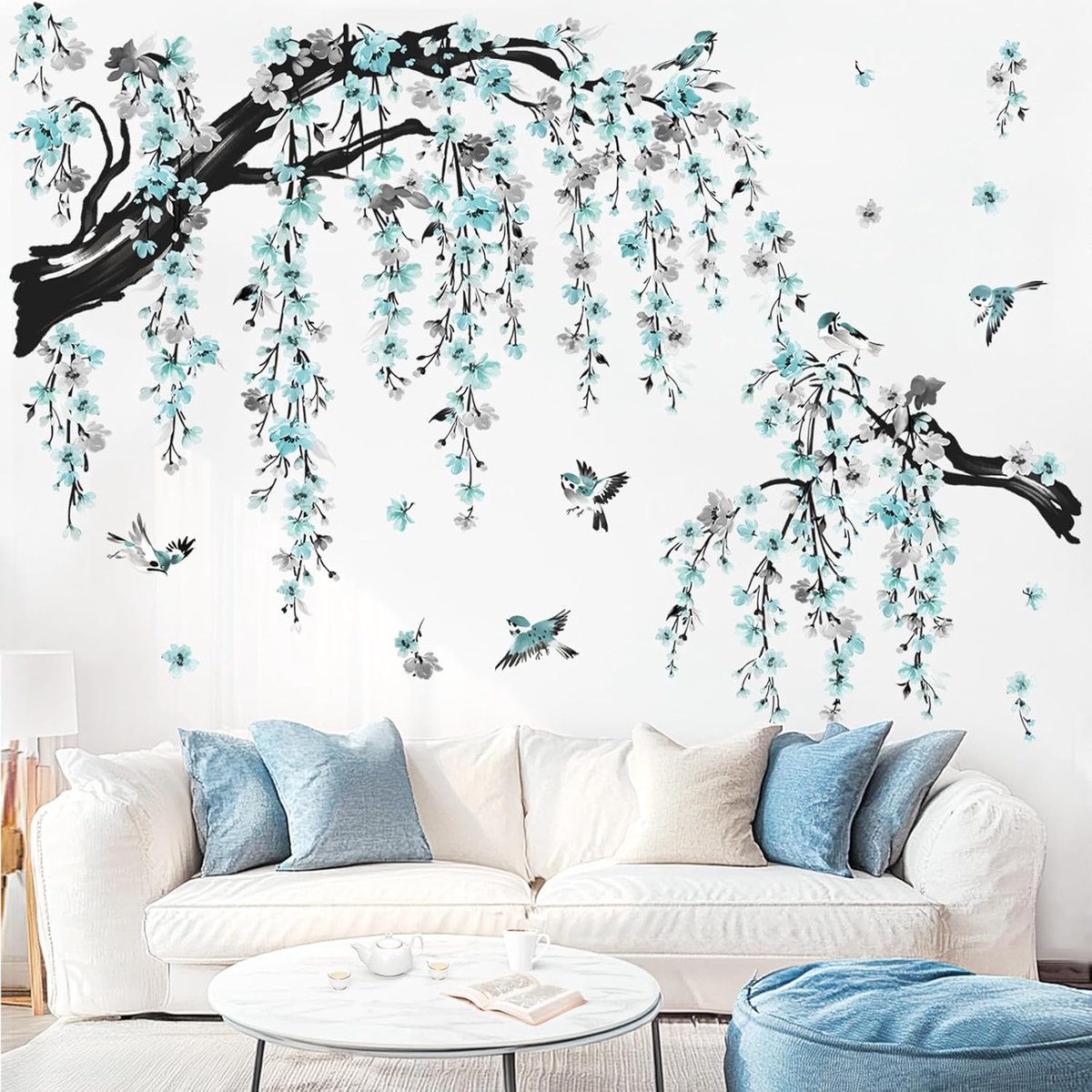 Muursticker Grote Waterverf Bloemen Takken - Blauw Bloesem Boomtakken - Makkelijk te Plakken - ShopVlot