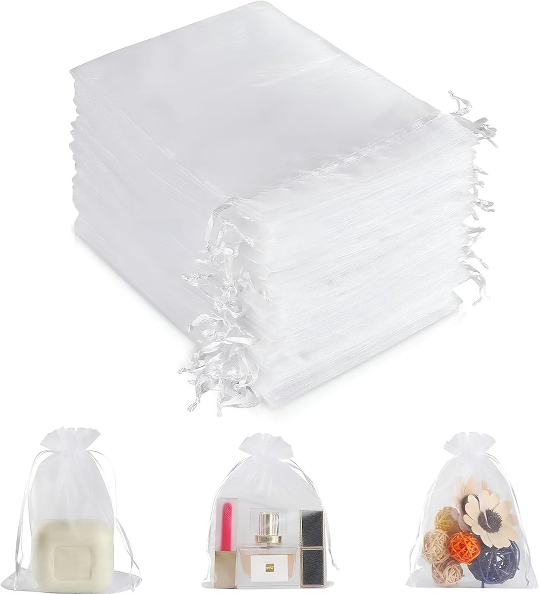 organzazakjes 15 x 20 cm - witte cadeauzakjes - met trekkoord - perfect voor bruiloften - ShopVlot