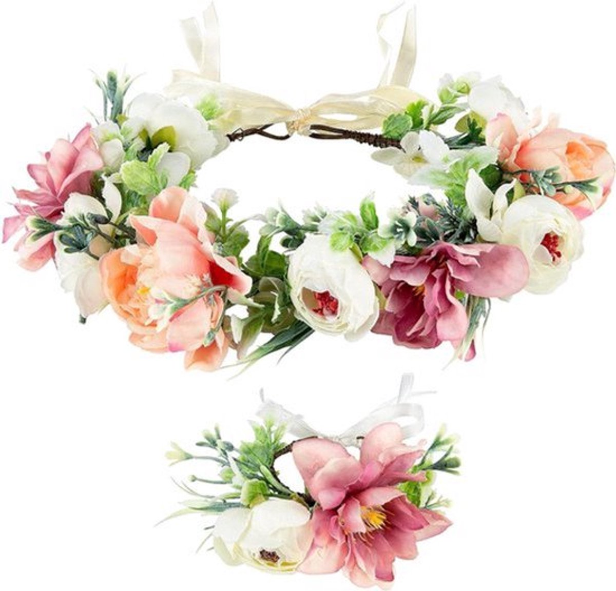 Bloemen hoofdband en armband set - Verstelbare bandjes voor bruid - Haaraccessoire voor vrouwen - Geschikt voor bruiloft, ceremonie, festival, feest en strand.