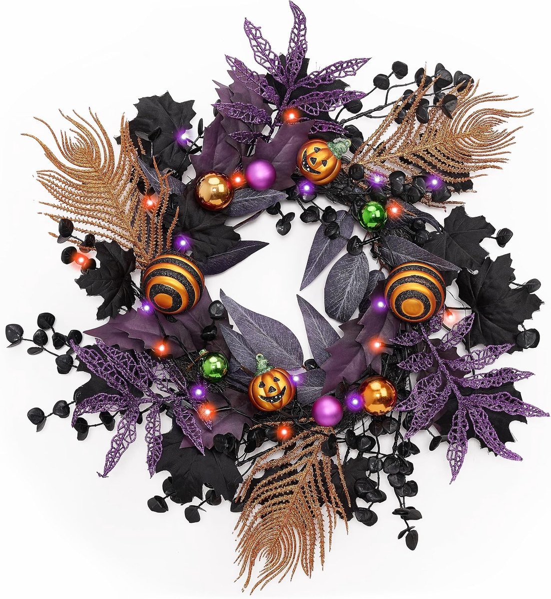 Valery Madelyn 18 inch Halloween Front Door Wreath LED Pumpkin Wreath Halloween Decorations for Centerpiece Window - ShopVlot