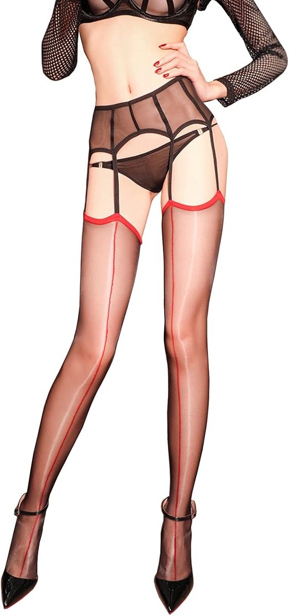 Women's Shiny Suspender Stockings with Seam High Waist Sexy Sheer Garter Tights Back Seam, Red, One Size - ShopVlot