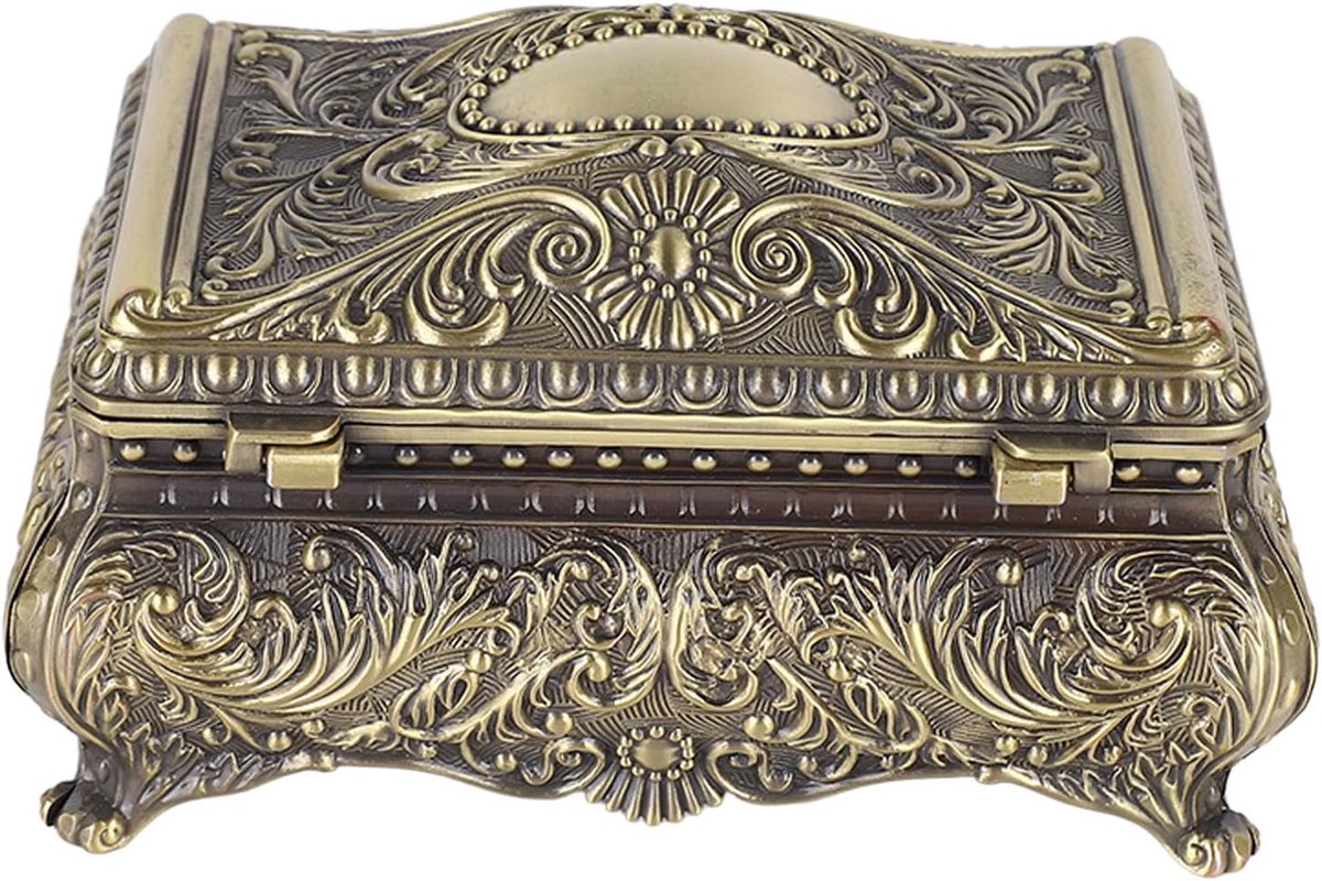 Optie 1: Metalen Sieradendoos Rechthoekige Trinket Organizer Legering Vintage Gesneden Bloemenpatroon 12,8 x 8,5 x 6,5 - ShopVlot
