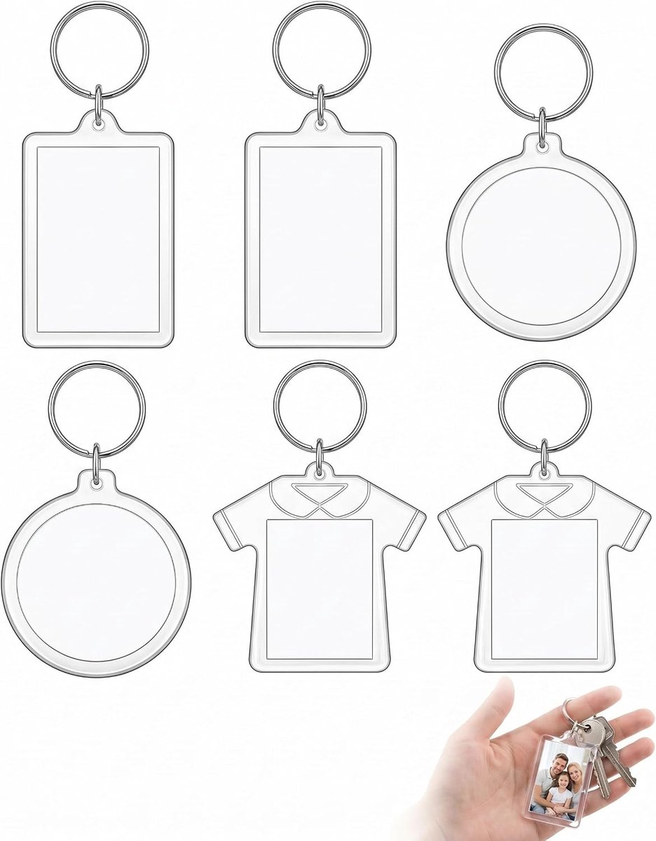 Fotosleutelhanger, personaliseerbaar, acryl, 6 stuks, 3 verschillende vormen, dubbelzijdig, voor foto's, origineel - ShopVlot