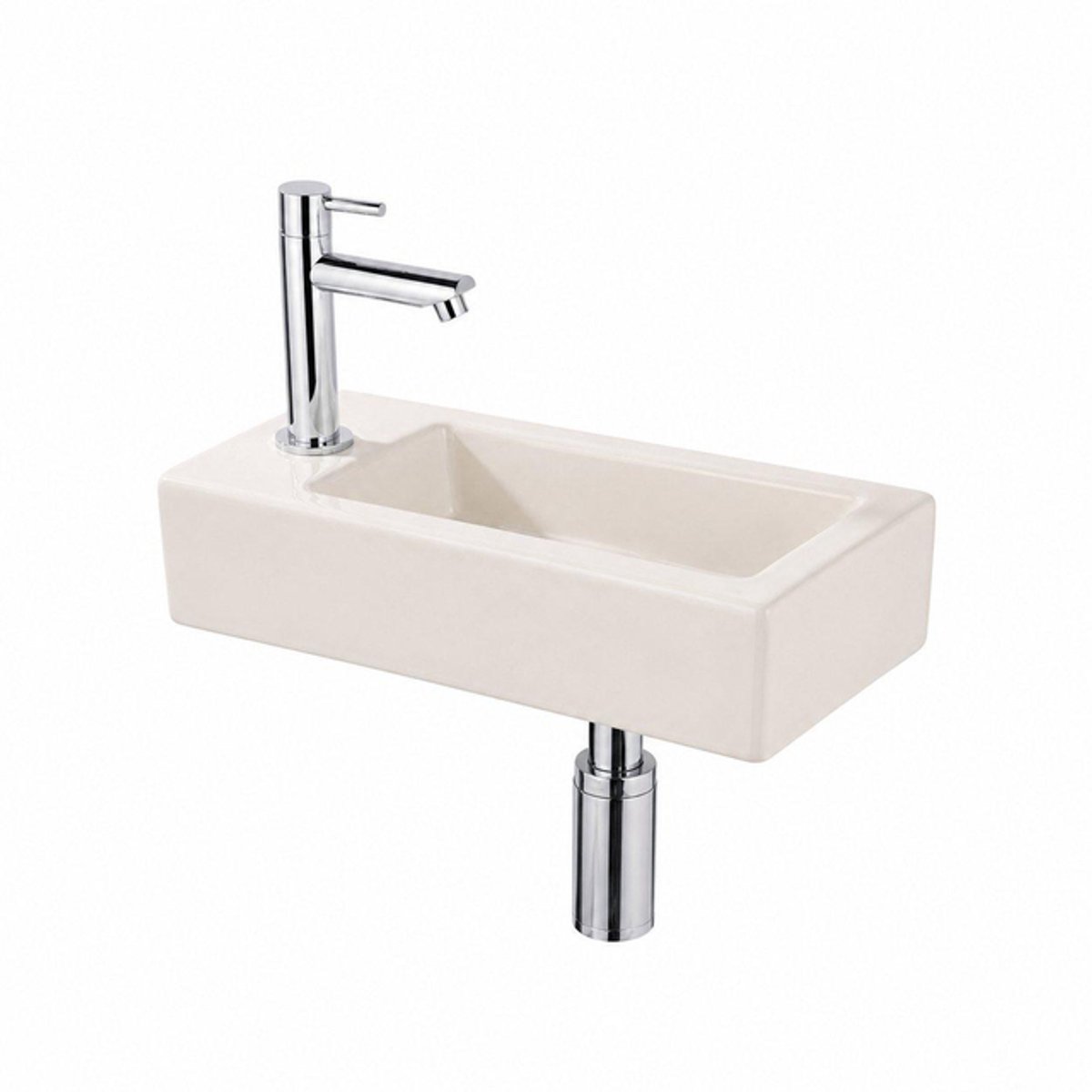 QeramiQ Fuente Fontein - 38x18.5x9cm - keramiek - fonteinkraangat links - fonteinkraan chroom - verlaagd sifon - afvoerplug - linnen