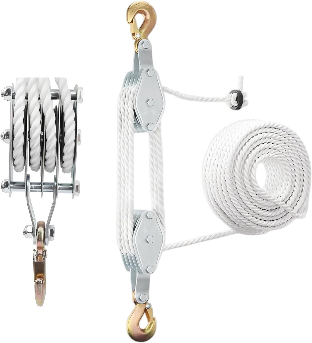 Heavy duty pulley with 20 meters nylon: pulley 4400 LB (approx. 2000 kg) load capacity manual lifting ropes 8:1 - ShopVlot