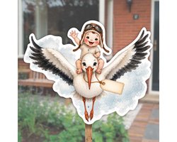 Geboortebord tuin - Ooievaar met baby piloot - 80cm hoog - Herbruikbaar geboortebord