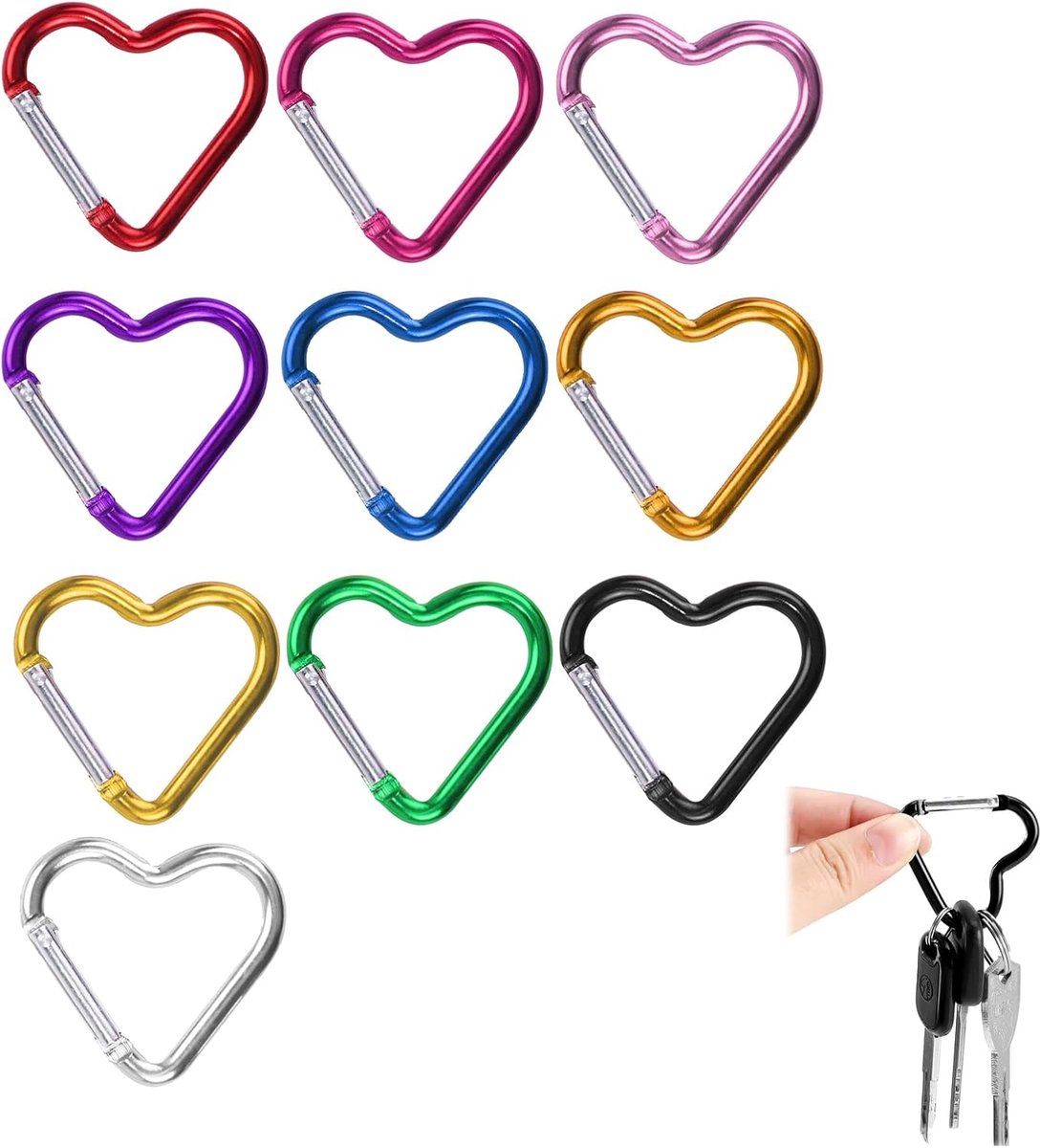 Set van 10 hartvormige karabijnhaken van aluminiumlegering, kleurrijke sleutelhangers voor kamperen, reizen en - ShopVlot