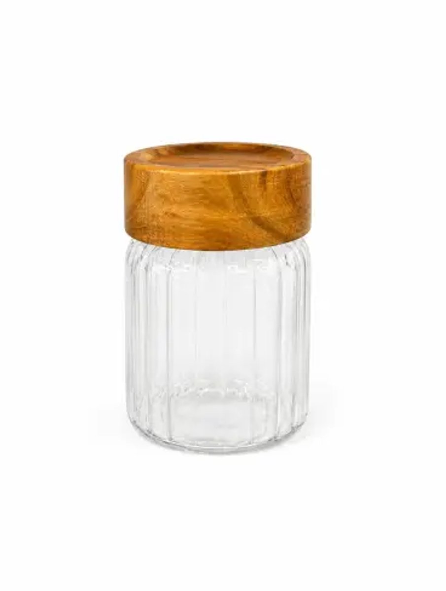 Space kruidenpotjes set – 6-delig – glazen met acaciahouten deksel – 6,5 x 8 cm – transparant