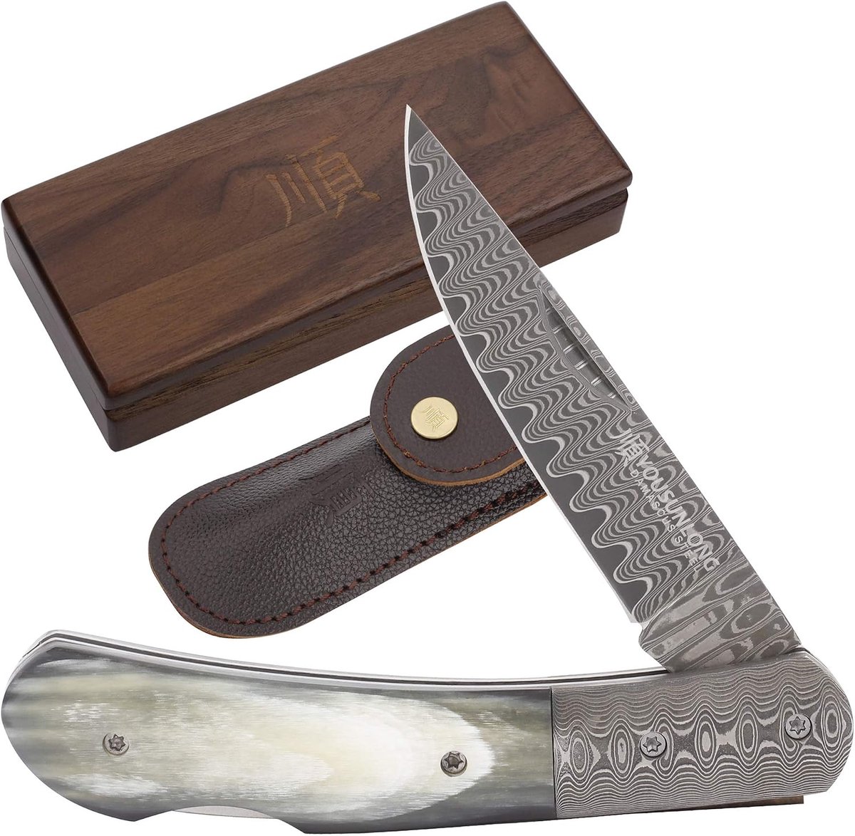 YOUSUNLONG Practical folding knife - Japanese damask steel - Bullhorn handle - ShopVlot