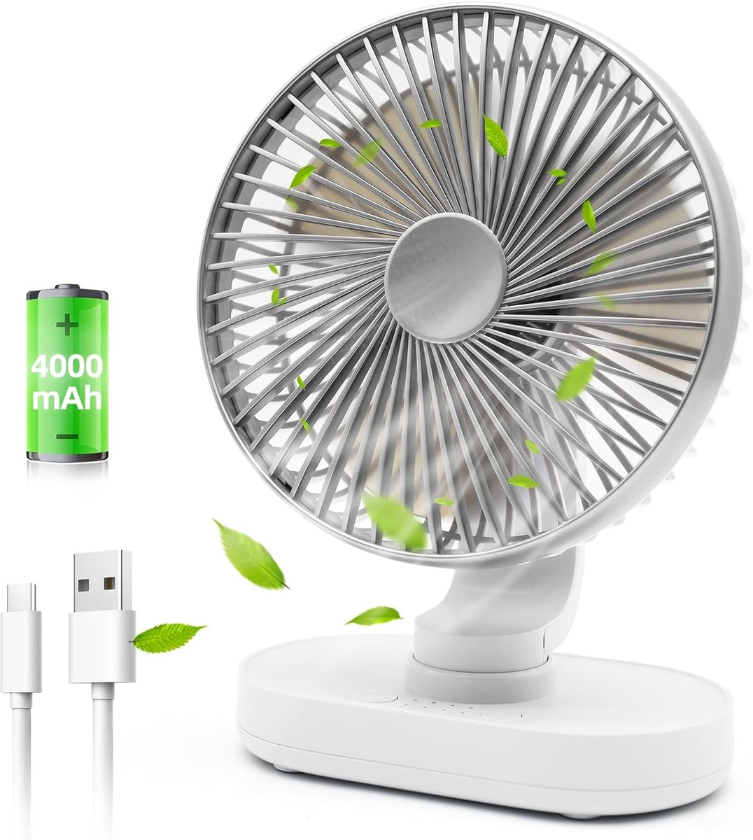 Tafelventilator Oplaadbaar – Stille Ventilator – 4 Snelheden – 90° Oscillatie – 4000 mAh-zilver